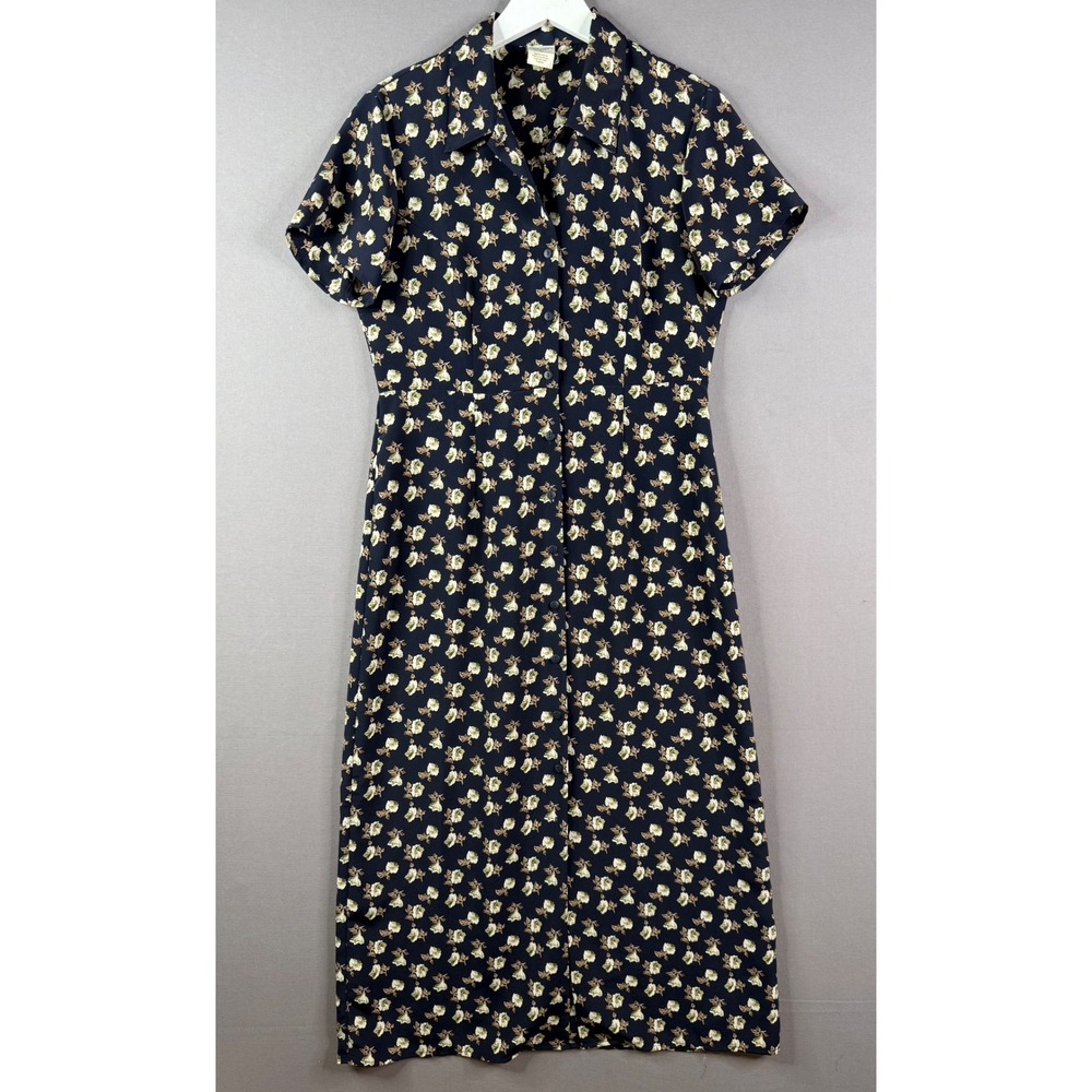 Vtg 90s Old Navy Maxi Dress‎ Womens M Dark Navy Floral Button Down Modest